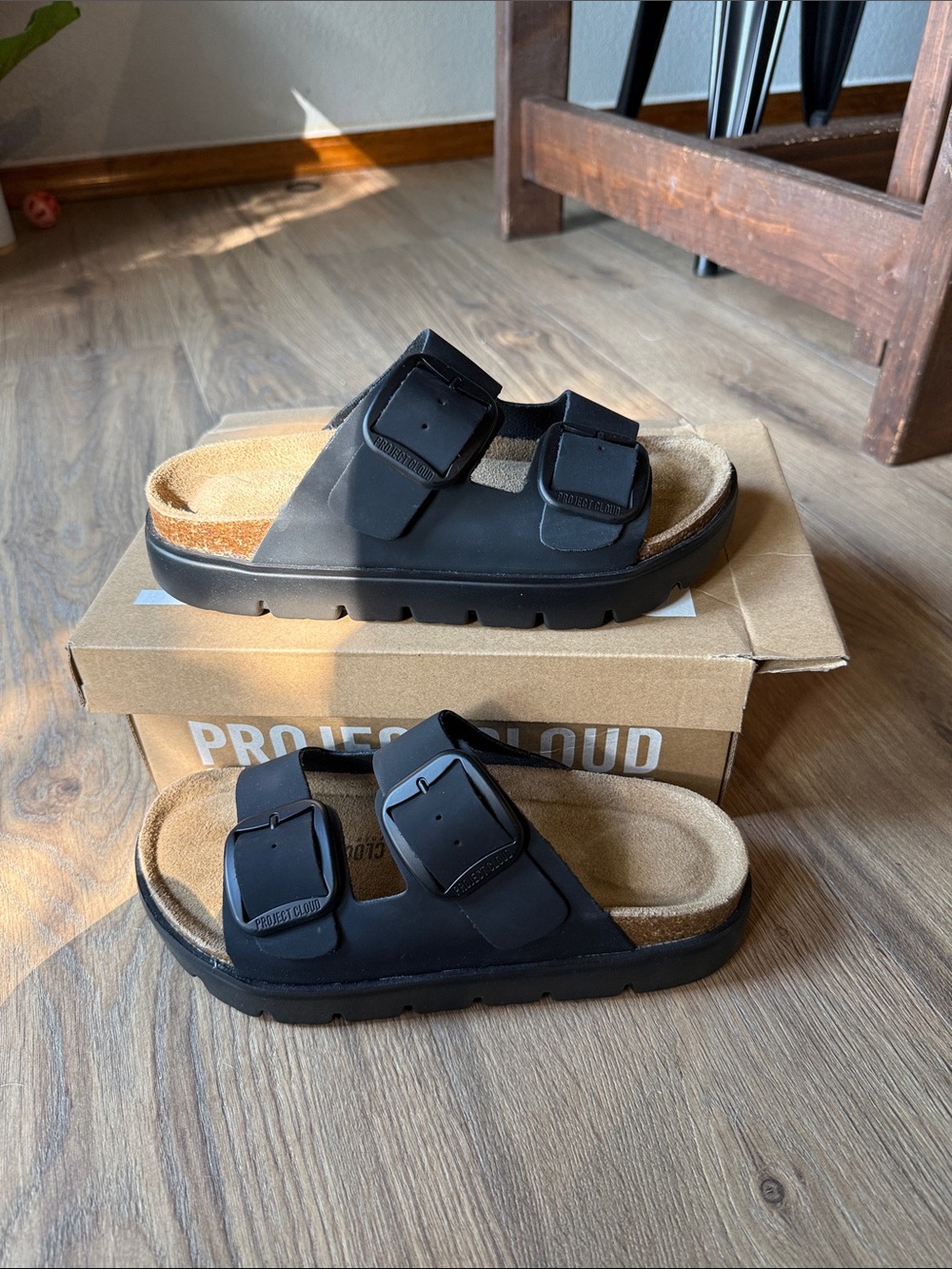 Women’s Black Double-Buckle Slide Sandals with Cushioned Footbed